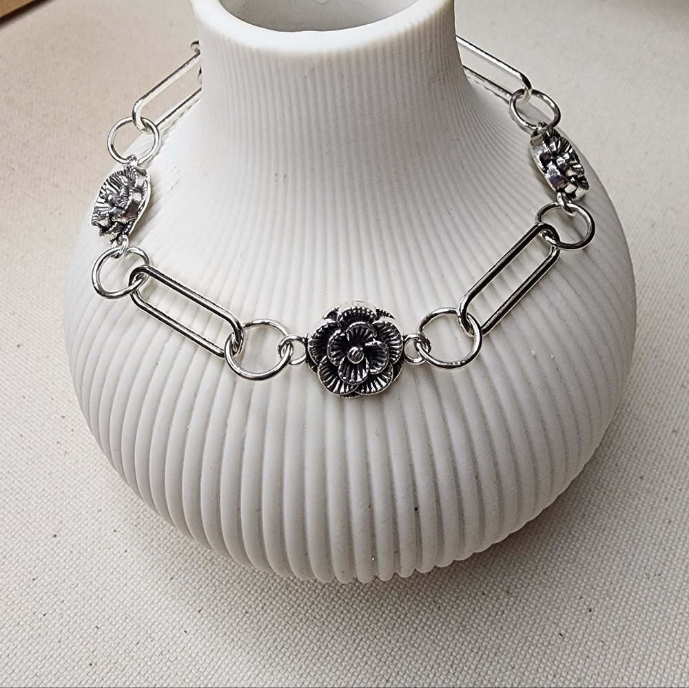 Vintage Style Silver Rose Paperclip Chain Bracelet
